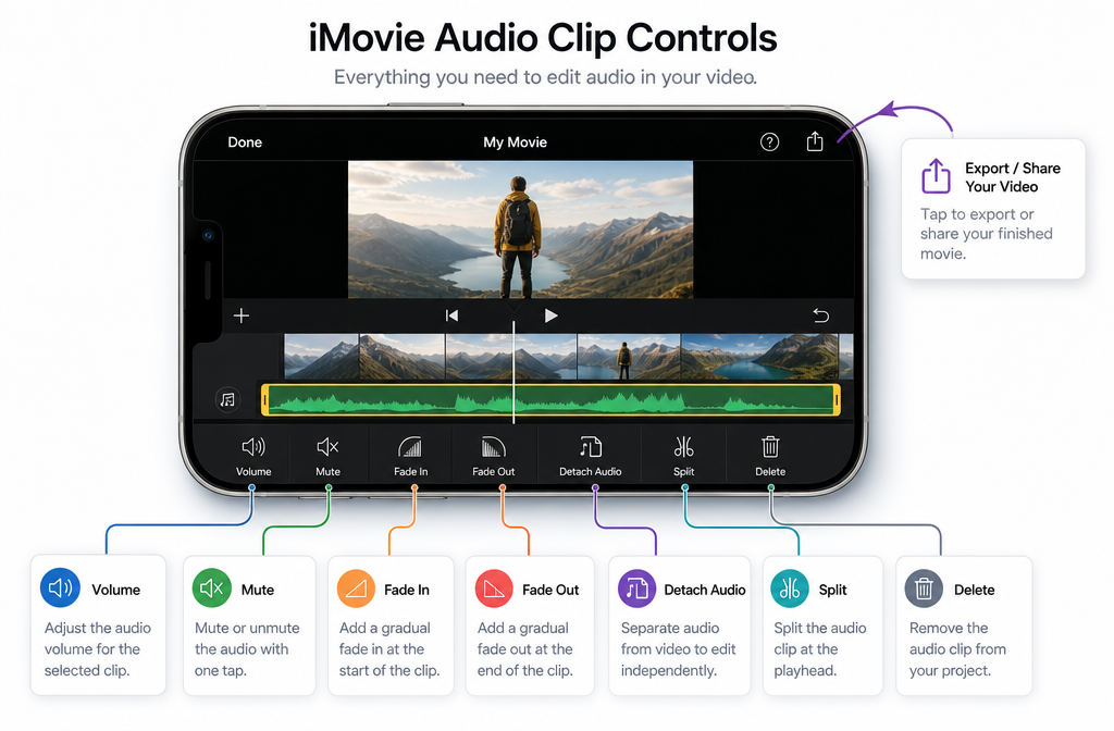 iMovie on iPhone audio editing controls with detach, split, volume, and fade workflow