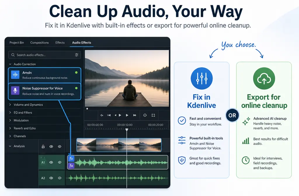 How to Remove Background Noise in Kdenlive: Arndn vs Noise Suppressor for Voice, Version Limits, and When to Clean the Exported File Online