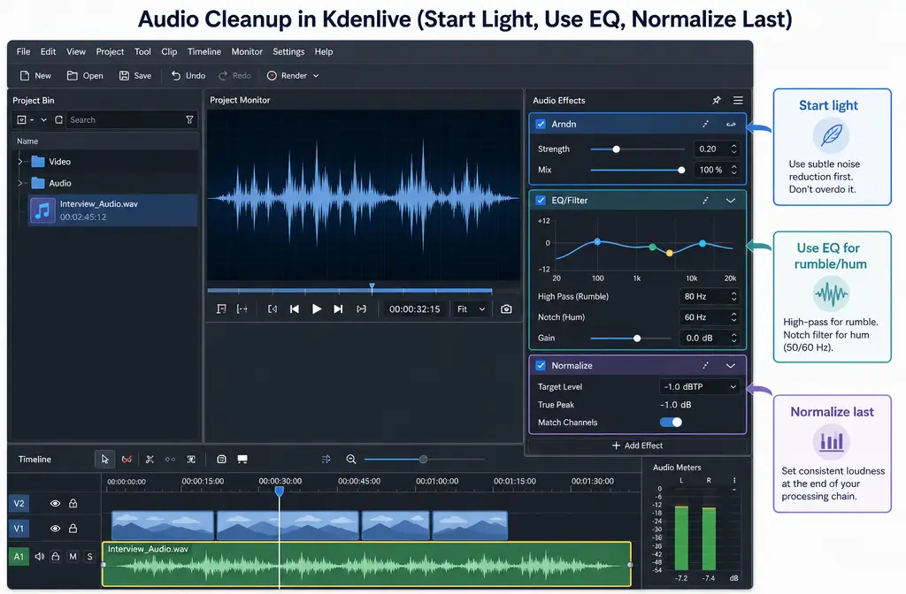 Annotated Kdenlive audio effects workflow showing Arndn first, then EQ/filtering, then normalization for speech cleanup