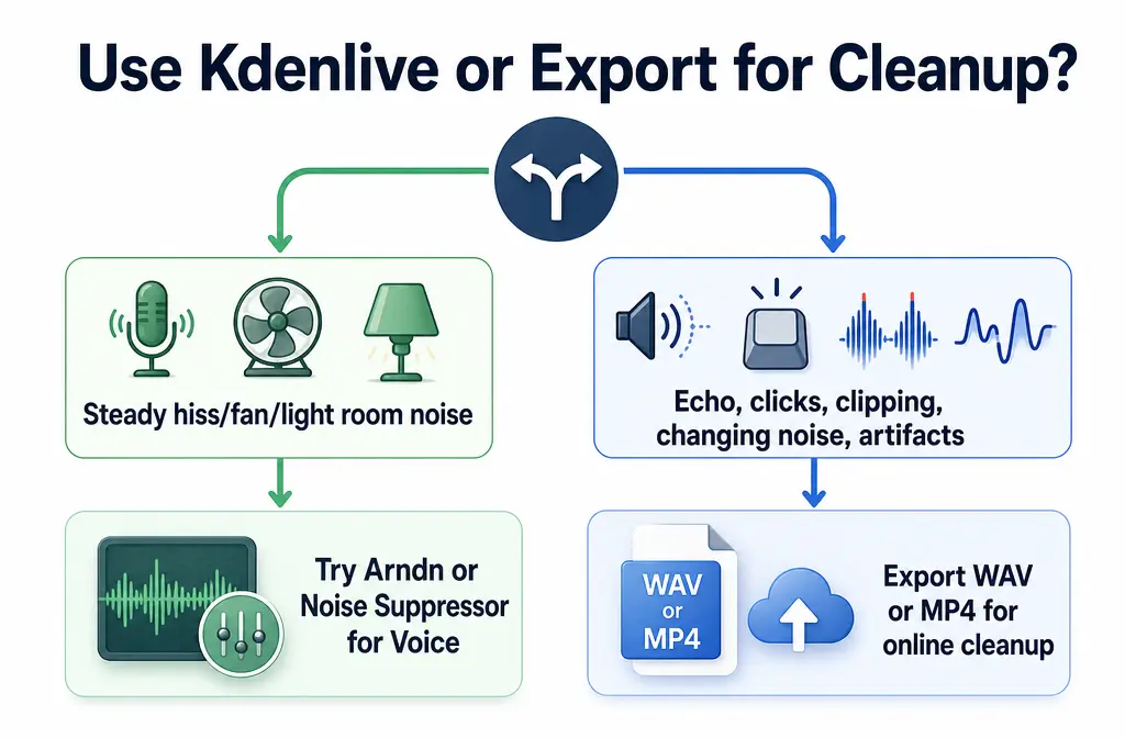 Decision tree showing when to use Kdenlive denoise tools versus exporting WAV or MP4 for separate online audio cleanup