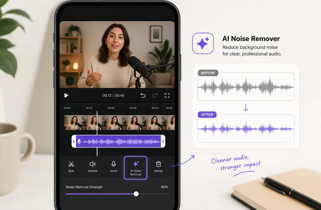 Mockup of a mobile video editor timeline with a selected voice clip and Noise Remover highlighted