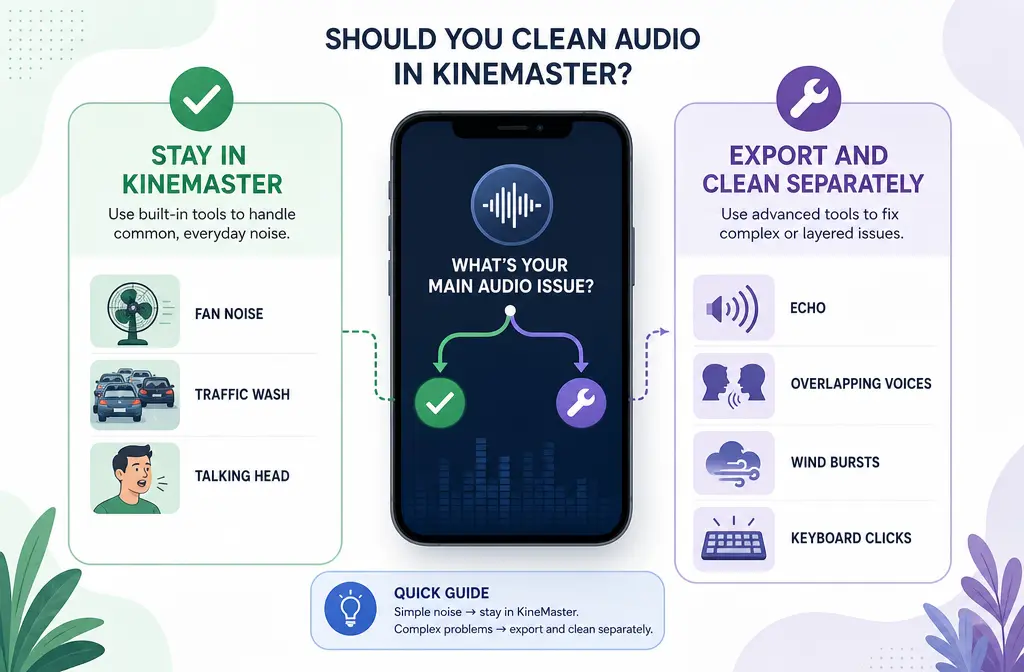 Decision chart showing when to stay in KineMaster and when to export audio for separate cleanup