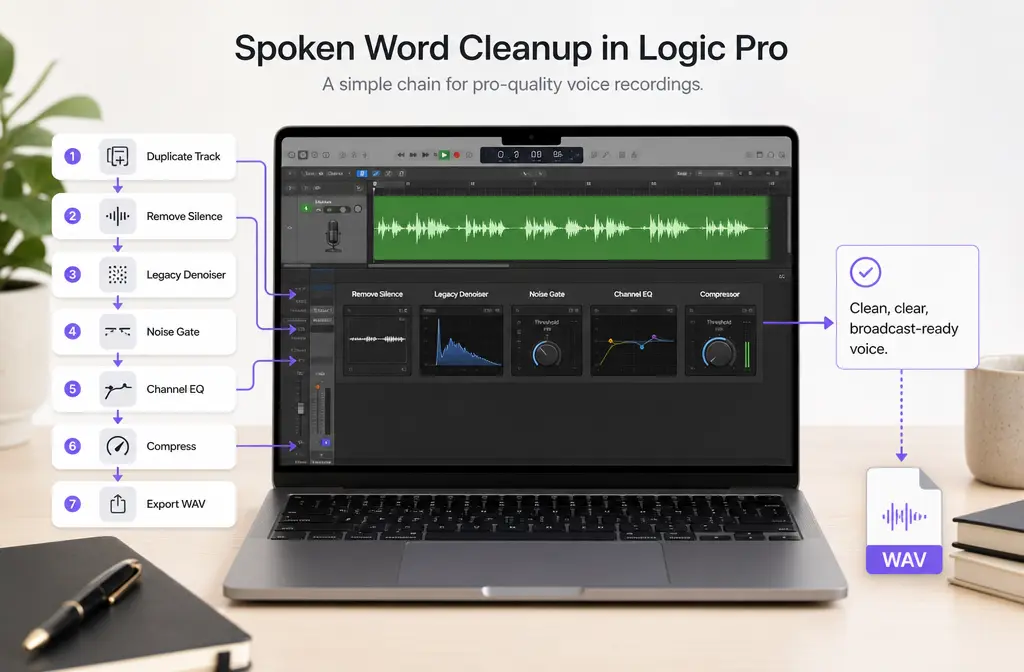 How to Remove Background Noise in Logic Pro: Best Built-In Tools, Settings Order, and When to Clean the Exported File Online