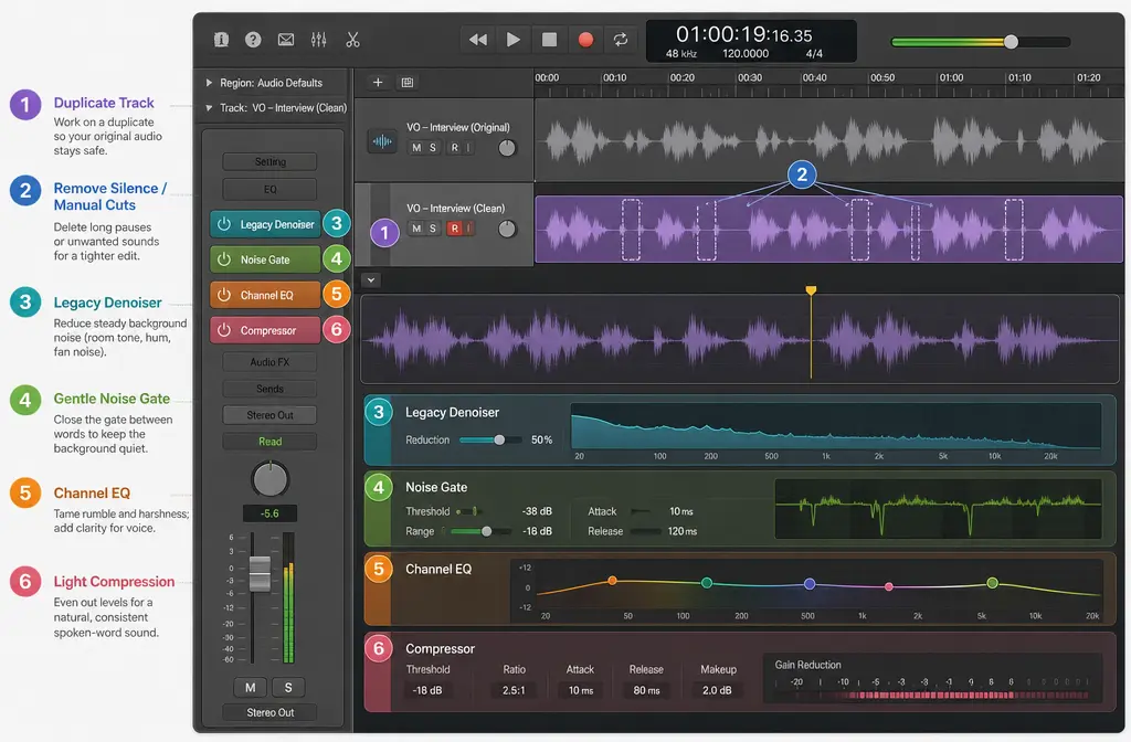 Annotated Logic Pro channel strip showing spoken-word cleanup order with Remove Silence, Legacy Denoiser, Noise Gate, Channel EQ, and compression