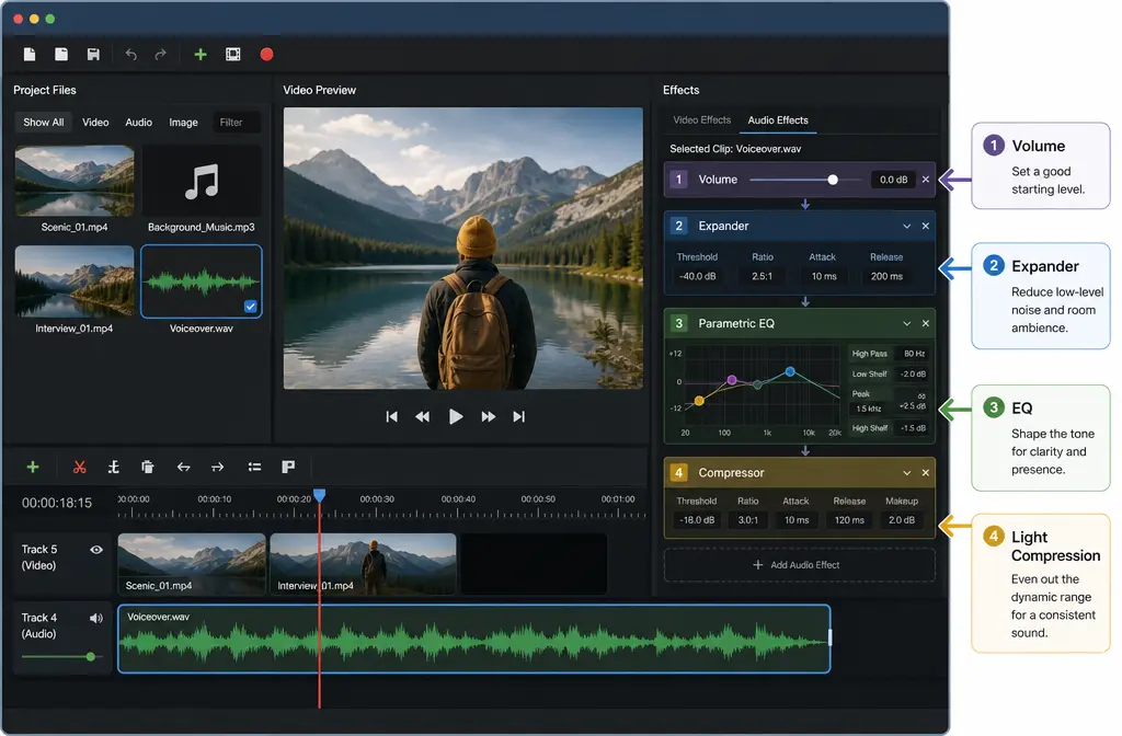 OpenShot timeline and effects panel showing a basic speech cleanup chain with Expander, Parametric EQ, and Compressor