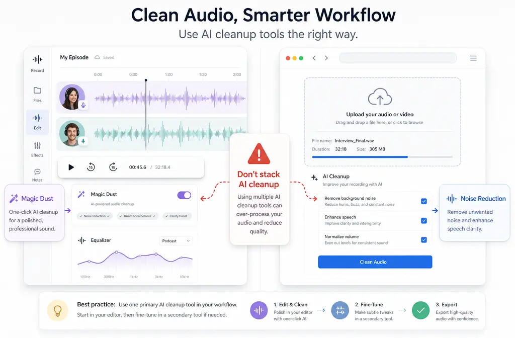 How to Remove Background Noise in Podcastle: Magic Dust vs Noise Reduction, What Not to Stack, and When to Clean the Exported File Online
