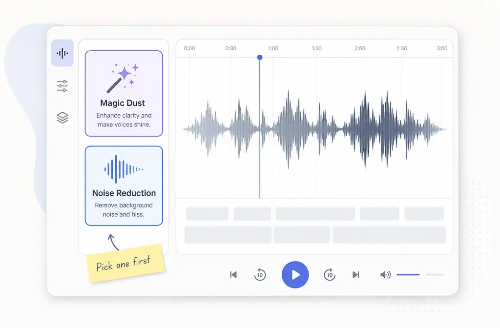 Comparison view of Magic Dust and Noise Reduction workflows for a spoken-word clip in Podcastle