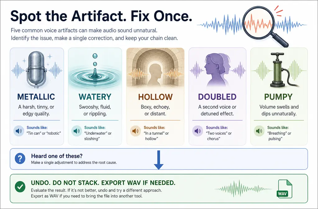 Troubleshooting chart for Podcastle voice artifacts such as metallic, watery, hollow, doubled, and pumpy speech