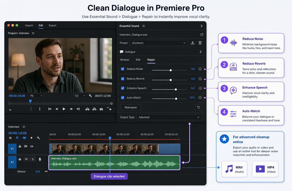 How to Remove Background Noise in Premiere Pro: When Premiere Is Enough vs When to Clean the Exported File Online