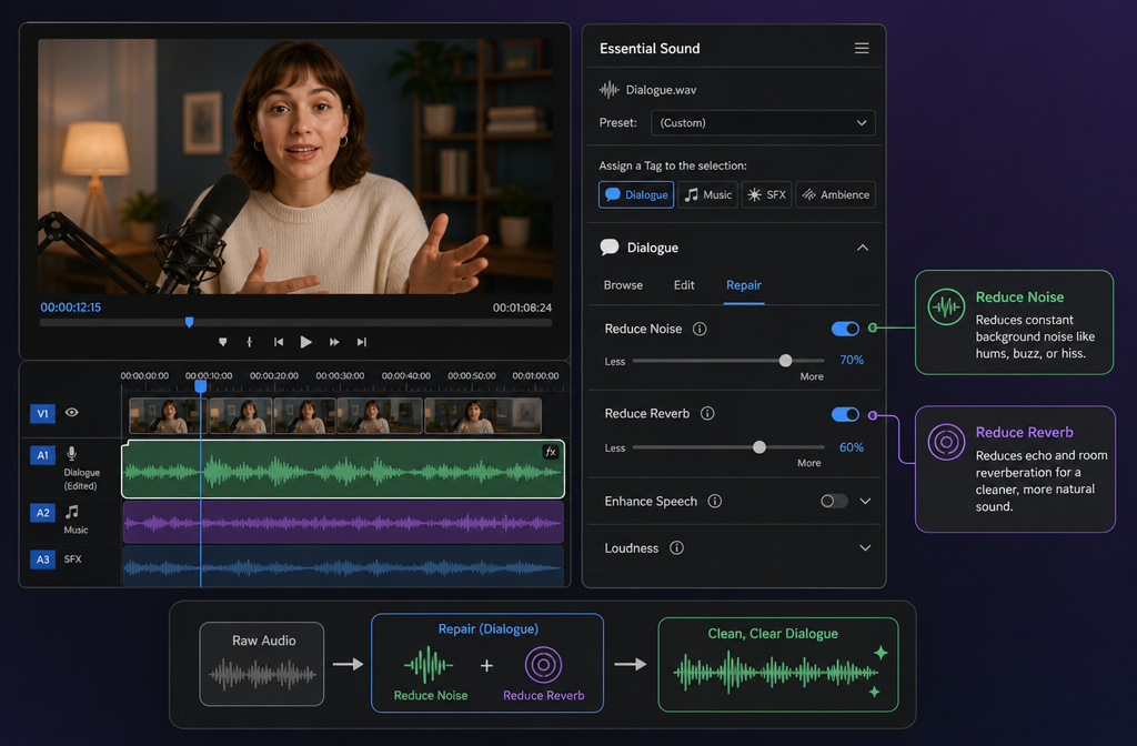Premiere Pro Essential Sound panel with Dialogue Repair controls for Reduce Noise and Reduce Reverb