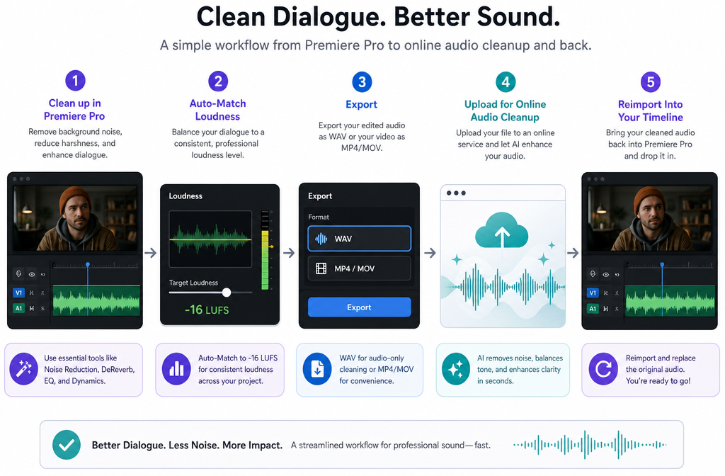 Workflow diagram showing Premiere cleanup, Auto-Match loudness, export WAV or MP4, and online cleanup handoff