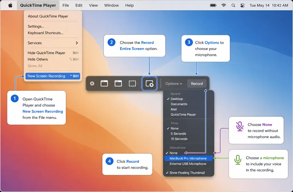 QuickTime Player screen recording options on Mac showing microphone selection in the Screenshot toolbar