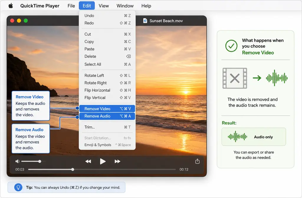 QuickTime Player Edit menu showing Remove Video and Remove Audio options for extracting or deleting a track