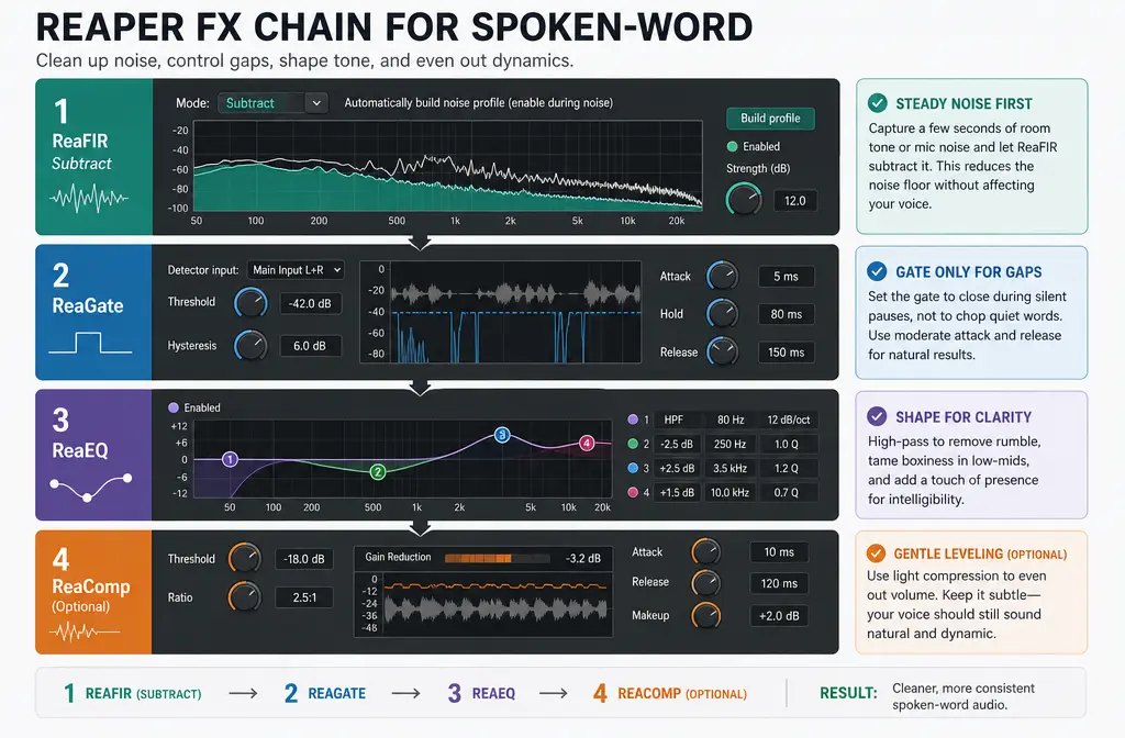 REAPER speech cleanup FX chain showing ReaFIR first, ReaGate second, ReaEQ third
