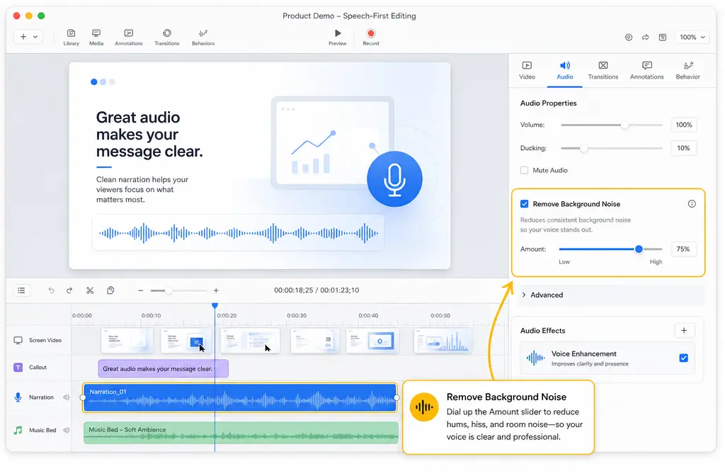 How to Remove Background Noise in ScreenFlow: Best Audio Settings, What Not to Stack, and When to Clean the Exported File Online