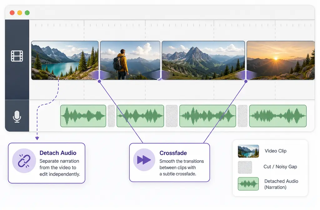Detached audio in ScreenFlow timeline with cuts and short crossfades on narration