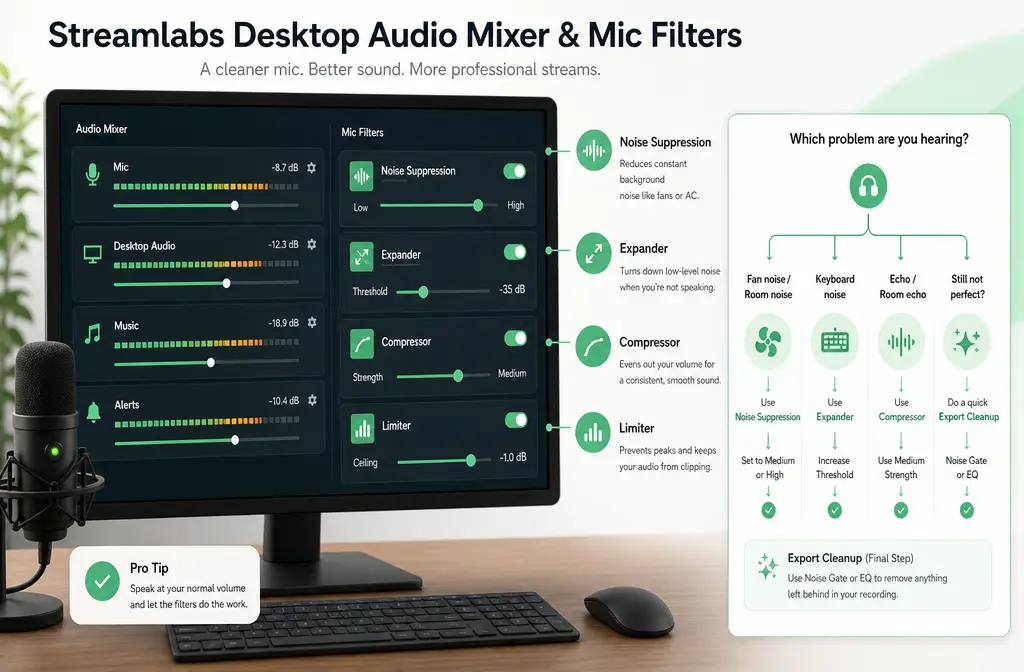 How to Remove Background Noise in Streamlabs Desktop: Noise Suppression, Filter Order, and When to Clean the Recording After Export