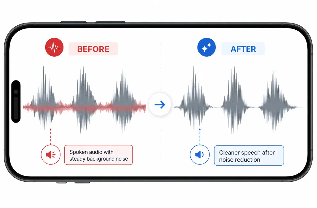 Before and after waveform example showing reduced steady background noise around spoken audio