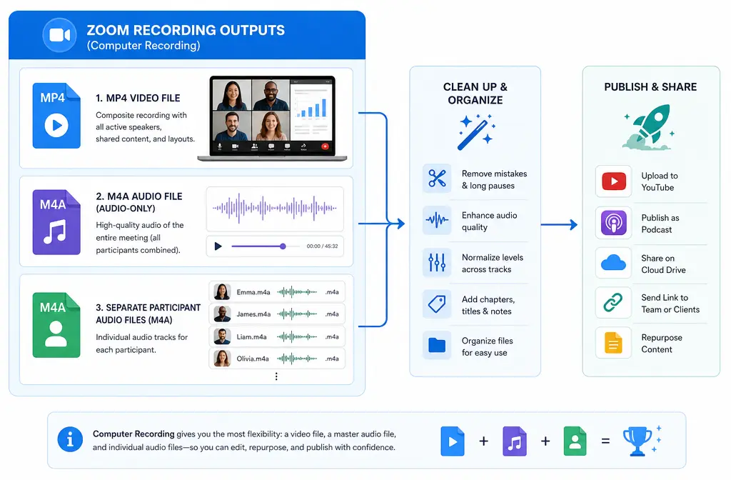 Workflow showing Zoom MP4, M4A, and separate participant audio files for cleanup