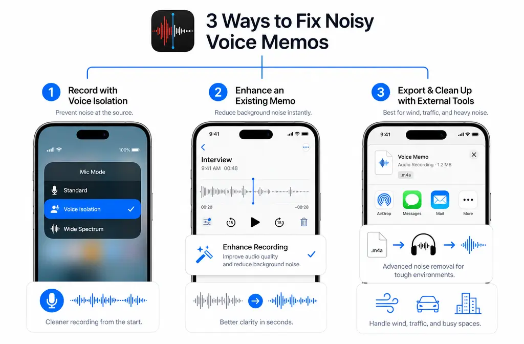 How to Remove Background Noise in iPhone Voice Memos: Enhance Recording, Voice Isolation, and When to Clean the File After Export