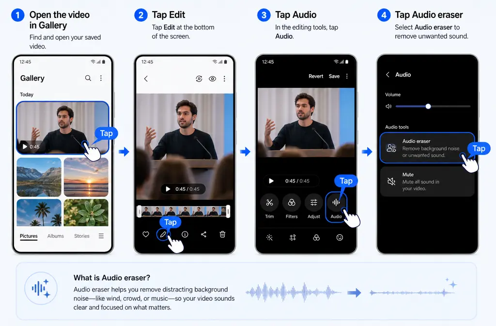 Samsung Gallery Audio Eraser workflow with Edit, Audio, and Audio eraser highlighted