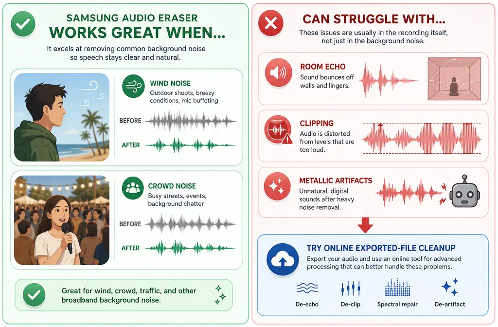 Comparison graphic showing when Samsung Audio Eraser works well versus when exported-file cleanup is better
