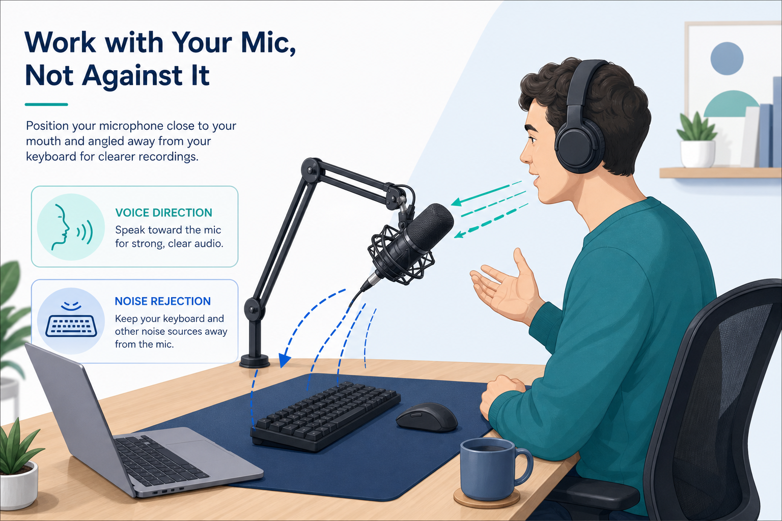 Microphone setup angled away from keyboard to reduce typing noise