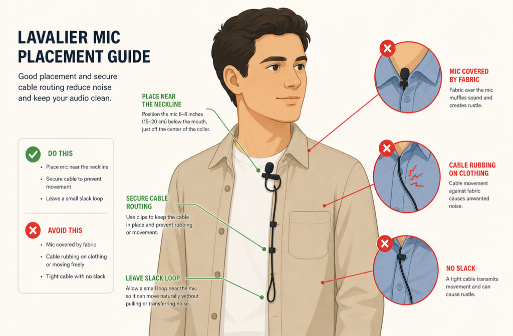 Lav placement and clothing-rustle prevention diagram