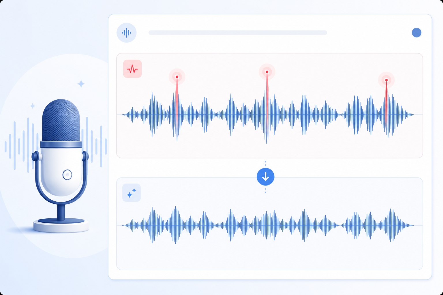 Before and after waveform showing mouth clicks removed from voice audio