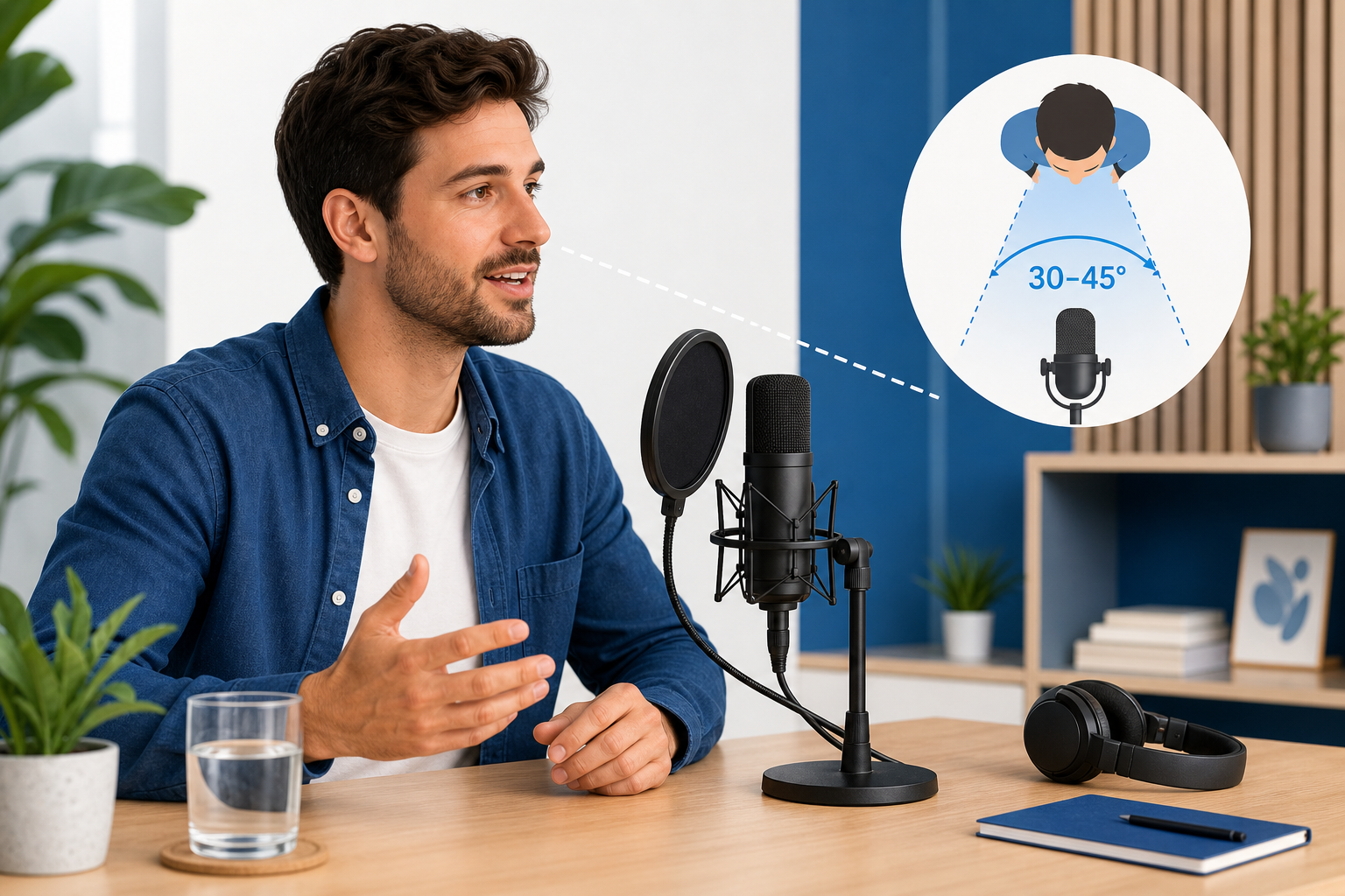 Podcast recording setup with pop filter and off-axis microphone placement