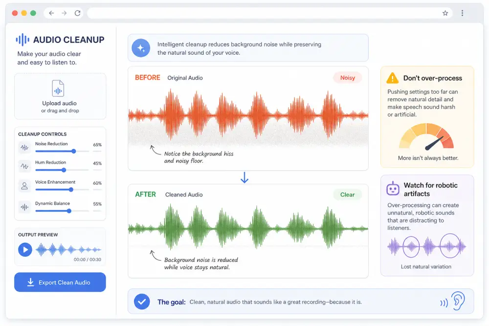 Before-and-after waveform mockup showing moderate noise reduction on spoken audio