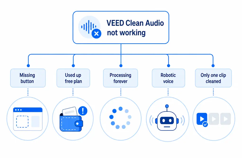Decision tree for diagnosing VEED Clean Audio not working