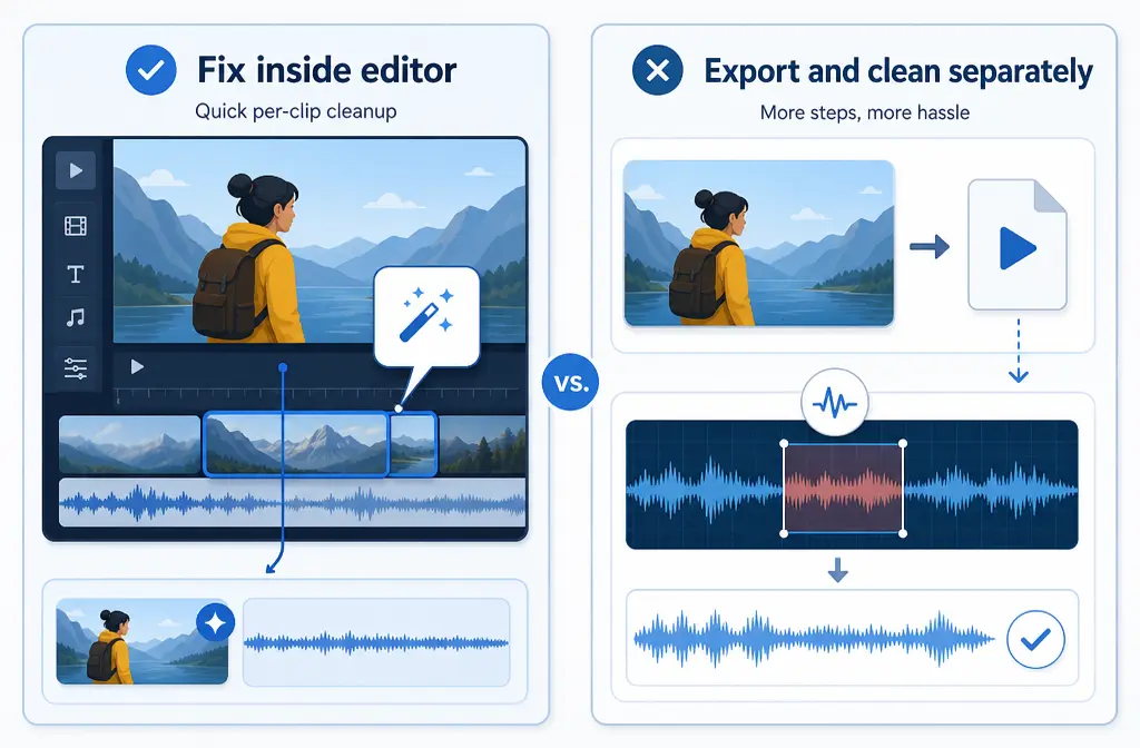 Comparison graphic showing fix inside VEED versus export and clean separately