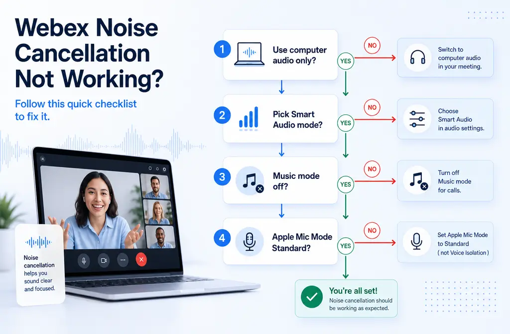 How to Fix Webex Noise Cancellation Not Working: Missing Smart Audio, Use Computer Audio, Mac Mic Mode Conflicts, and Better Fallbacks