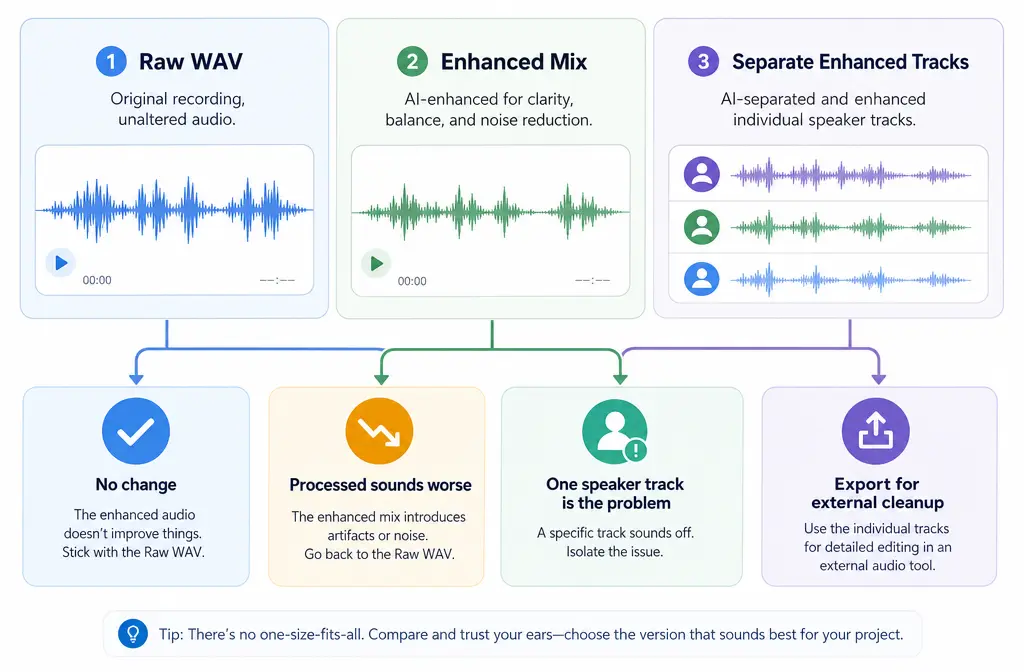 Decision chart comparing raw WAV export, enhanced mix export, and separate enhanced tracks for diagnosing Zencastr audio problems