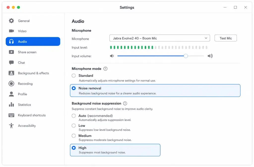 Mockup of Zoom desktop Audio settings showing microphone mode and background noise suppression options