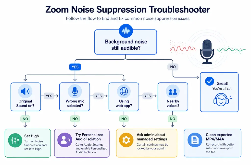 Decision tree for fixing Zoom noise suppression issues based on symptom patterns